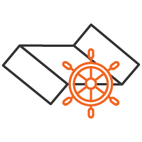 Icon of ships wheel in front of map